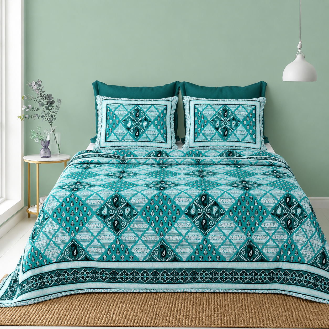 Aaramya Classics Aqua Mosaic bedsheet with intricate blue and white mosaic pattern, made of soft fabric for a stylish bedroom look.